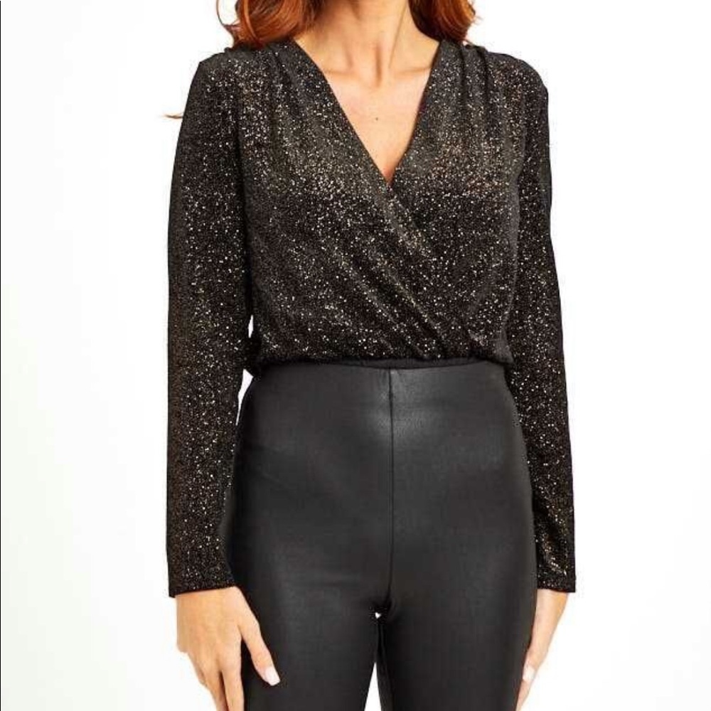 Altar’d State Sparkly Black Long Sleeve Bodysuit, Size Small